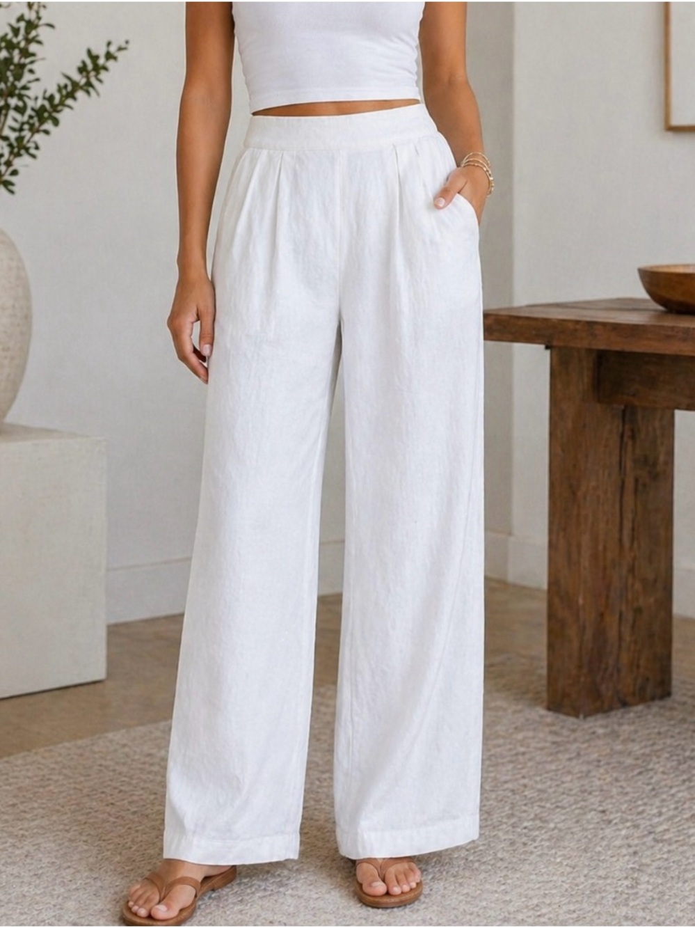 Abercrombie & Fitch White Linen Cotton Wide Leg PantsSize M Pull On